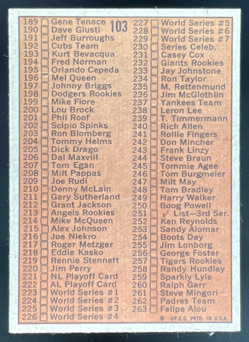 1972 Topps #103 2nd Series Checklist: 133-263 product image 2, provided for visual reference and product detail review
