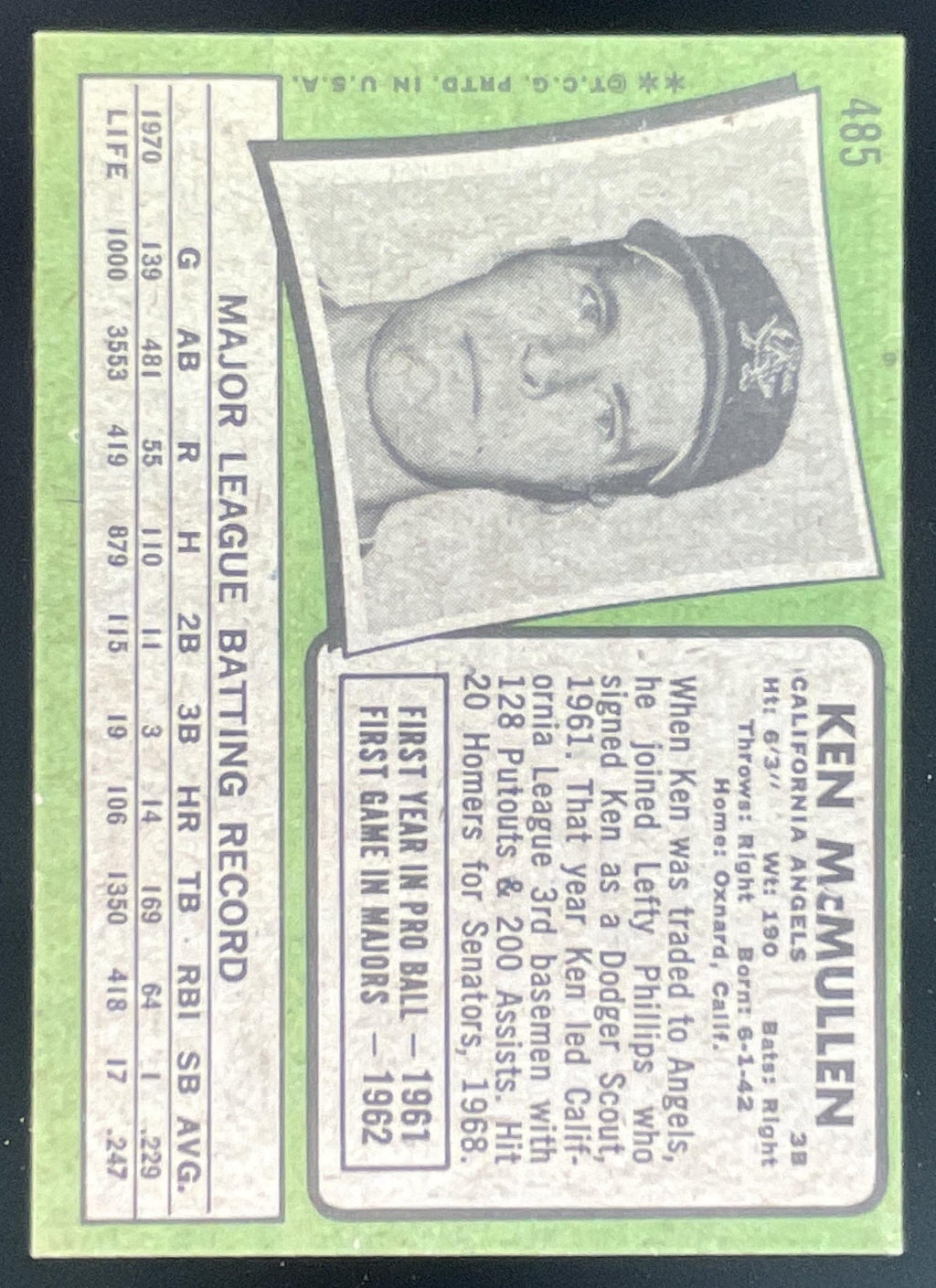 1971 Topps #485 Ken McMullen product image 2, provided for visual reference and product detail review