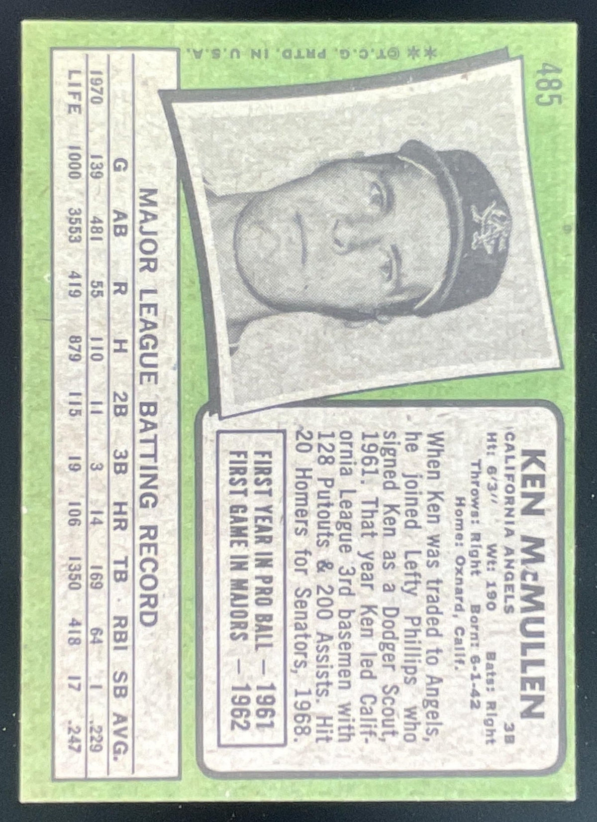 1971 Topps #485 Ken McMullen product image 2, provided for visual reference and product detail review