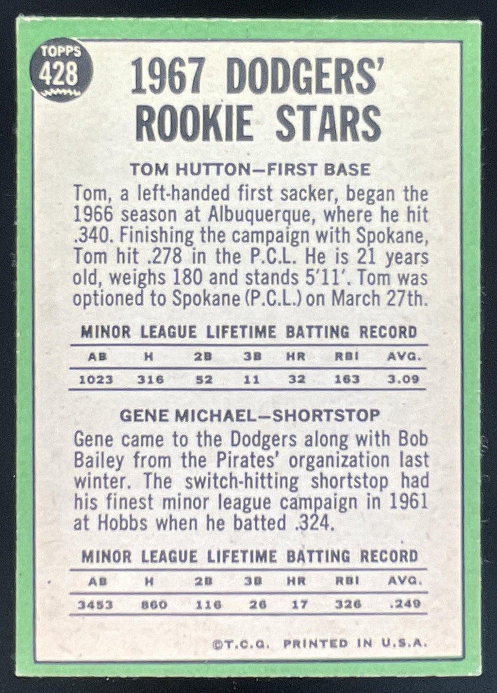 1967 Topps #428 Dodgers 1967 Rookie Stars Tom Hutton Gene Michael RS, RC product image 2, provided for visual reference and