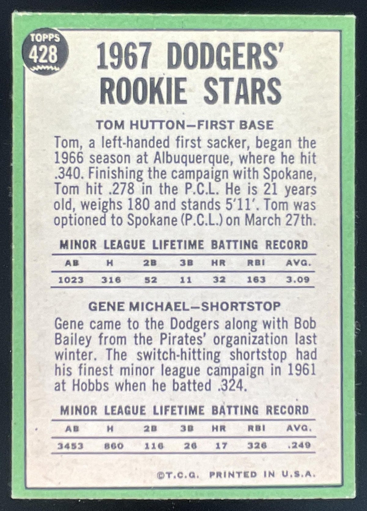 1967 Topps #428 Dodgers 1967 Rookie Stars Tom Hutton Gene Michael RS, RC product image 2, provided for visual reference and