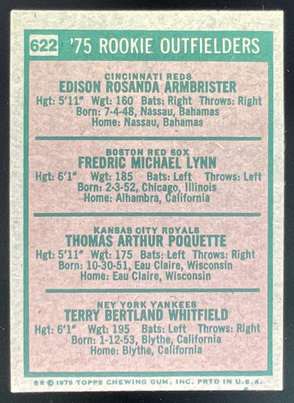 1975 Topps #622 Ed Armbrister Fred Lynn Tom Poquette Terry Whitfield UER RC product image 2, provided for visual reference