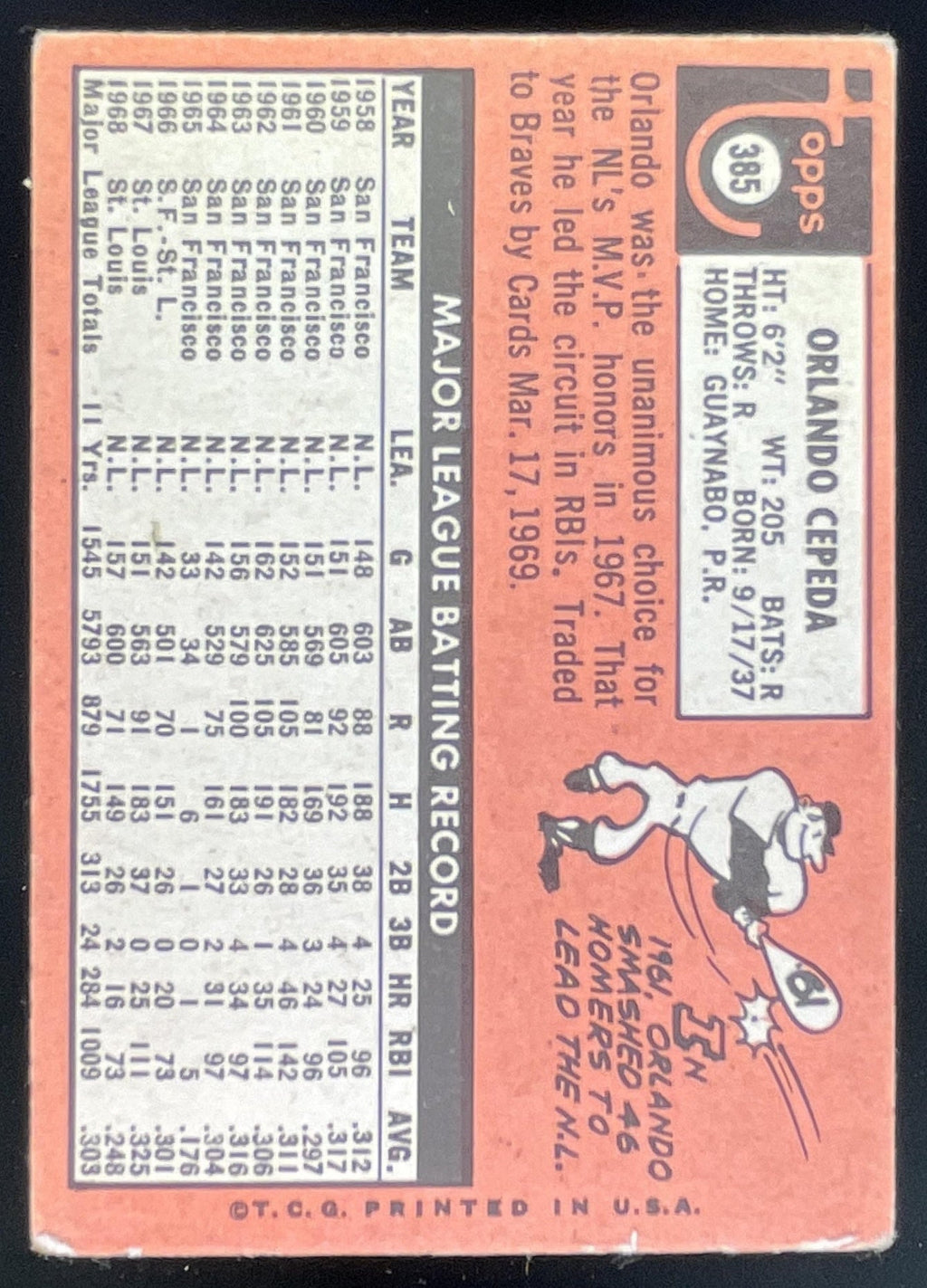 1969 Topps #385 Orlando Cepeda product image 2, provided for visual reference and product detail review