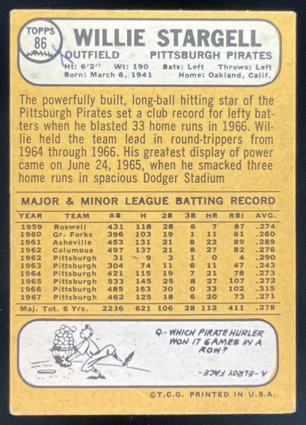 1968 Topps #86 Willie Stargell product image 2, provided for visual reference and product detail review