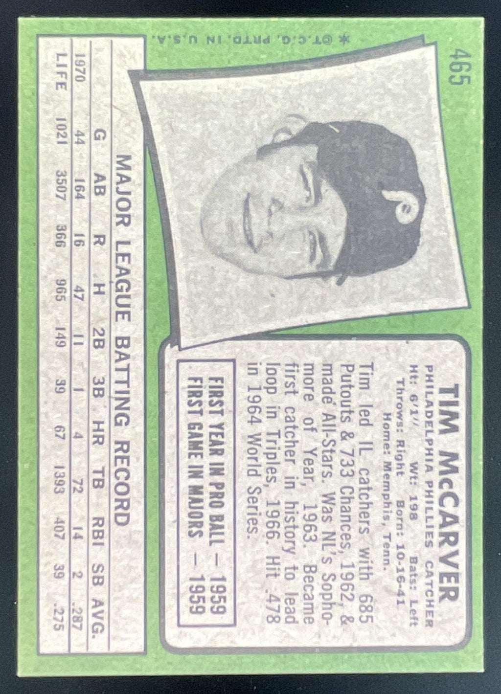 1971 Topps #465 Tim McCarver product image 2, provided for visual reference and product detail review