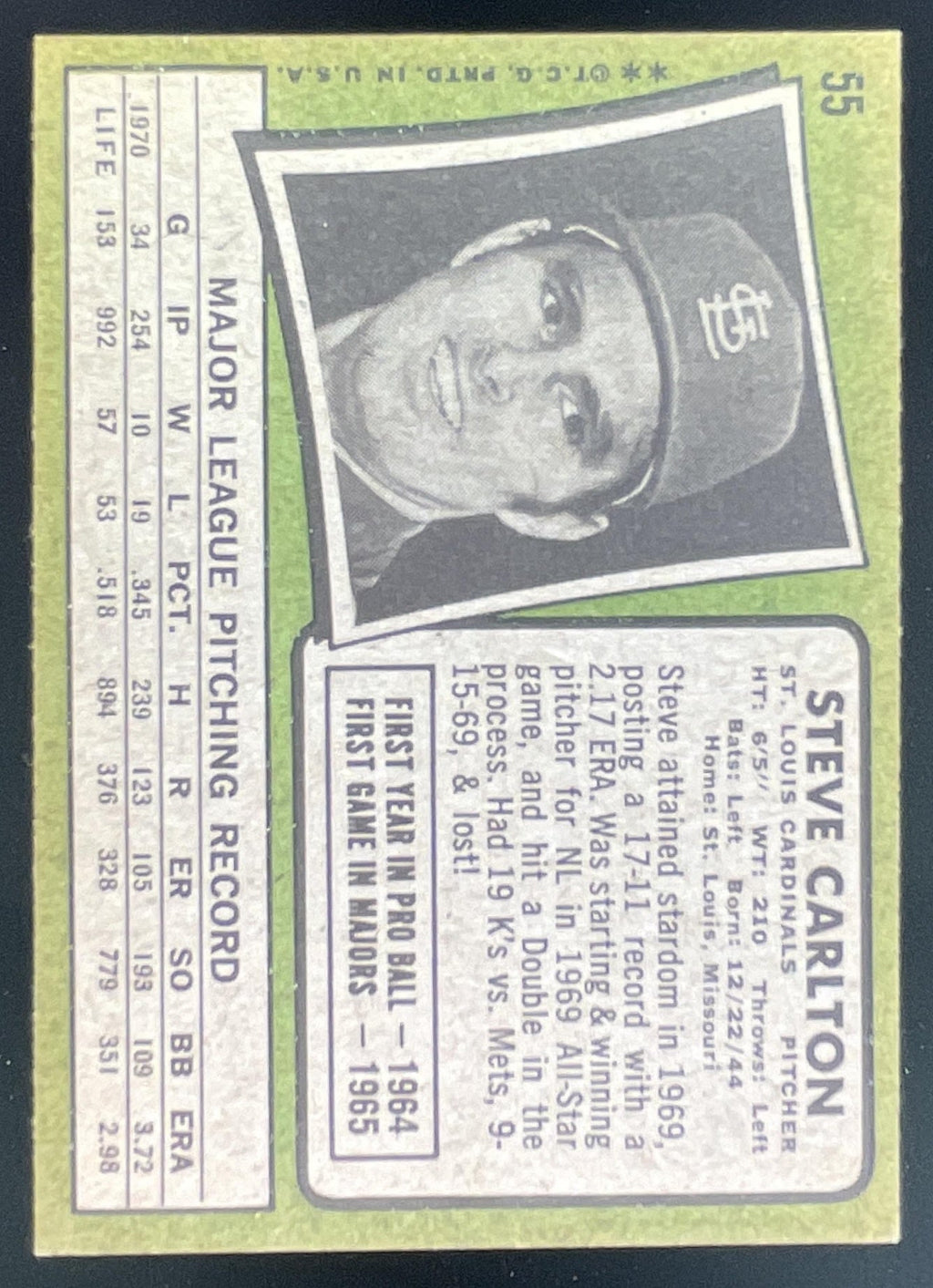 1971 Topps #55 Steve Carlton product image 2, provided for visual reference and product detail review