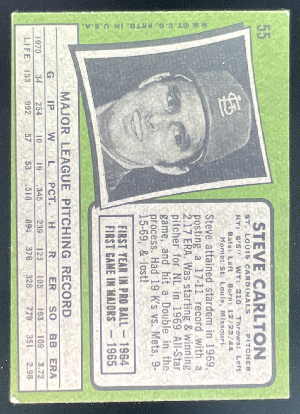 1971 Topps #55 Steve Carlton product image 2, provided for visual reference and product detail review