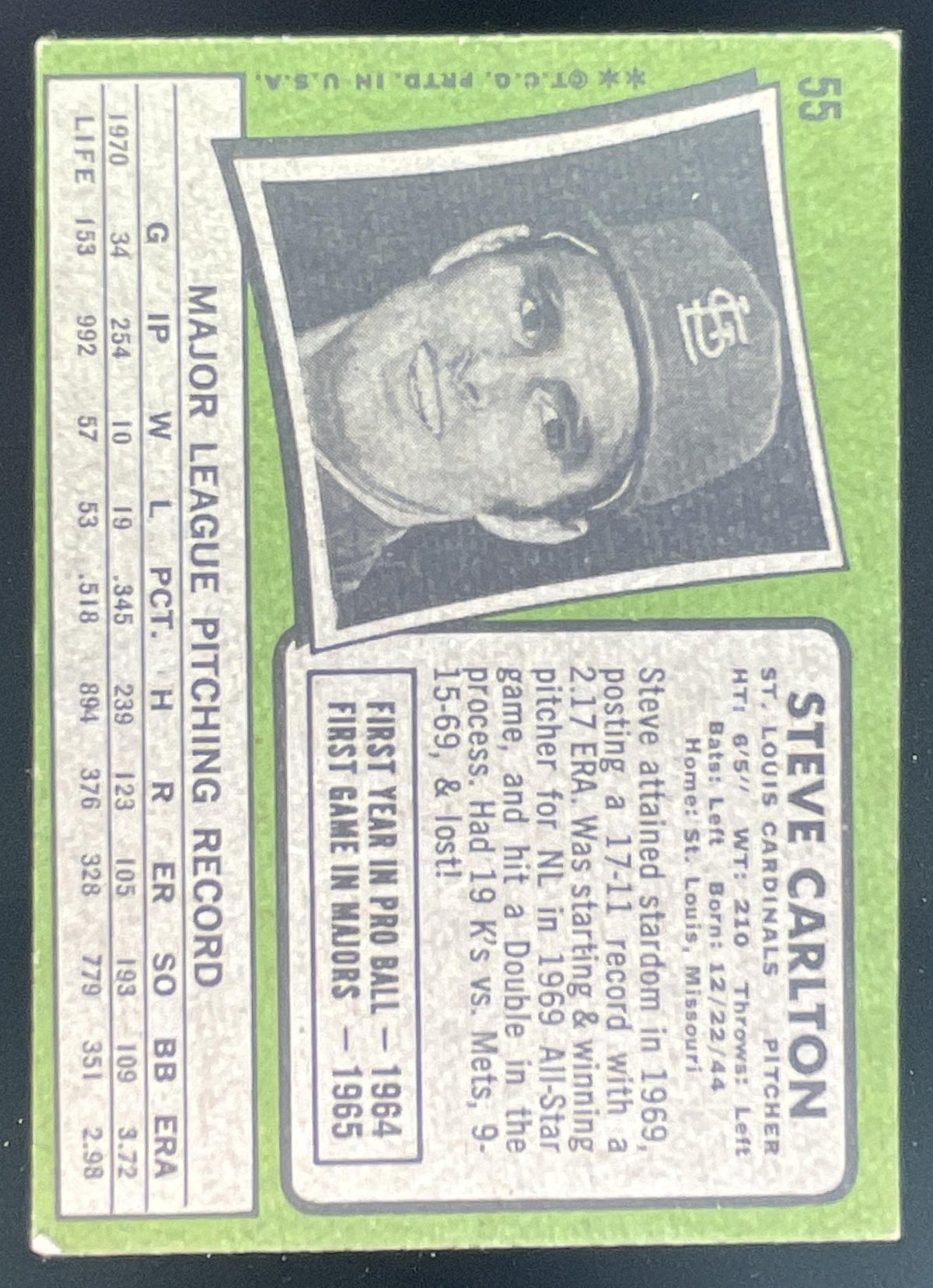 1971 Topps #55 Steve Carlton product image 2, provided for visual reference and product detail review