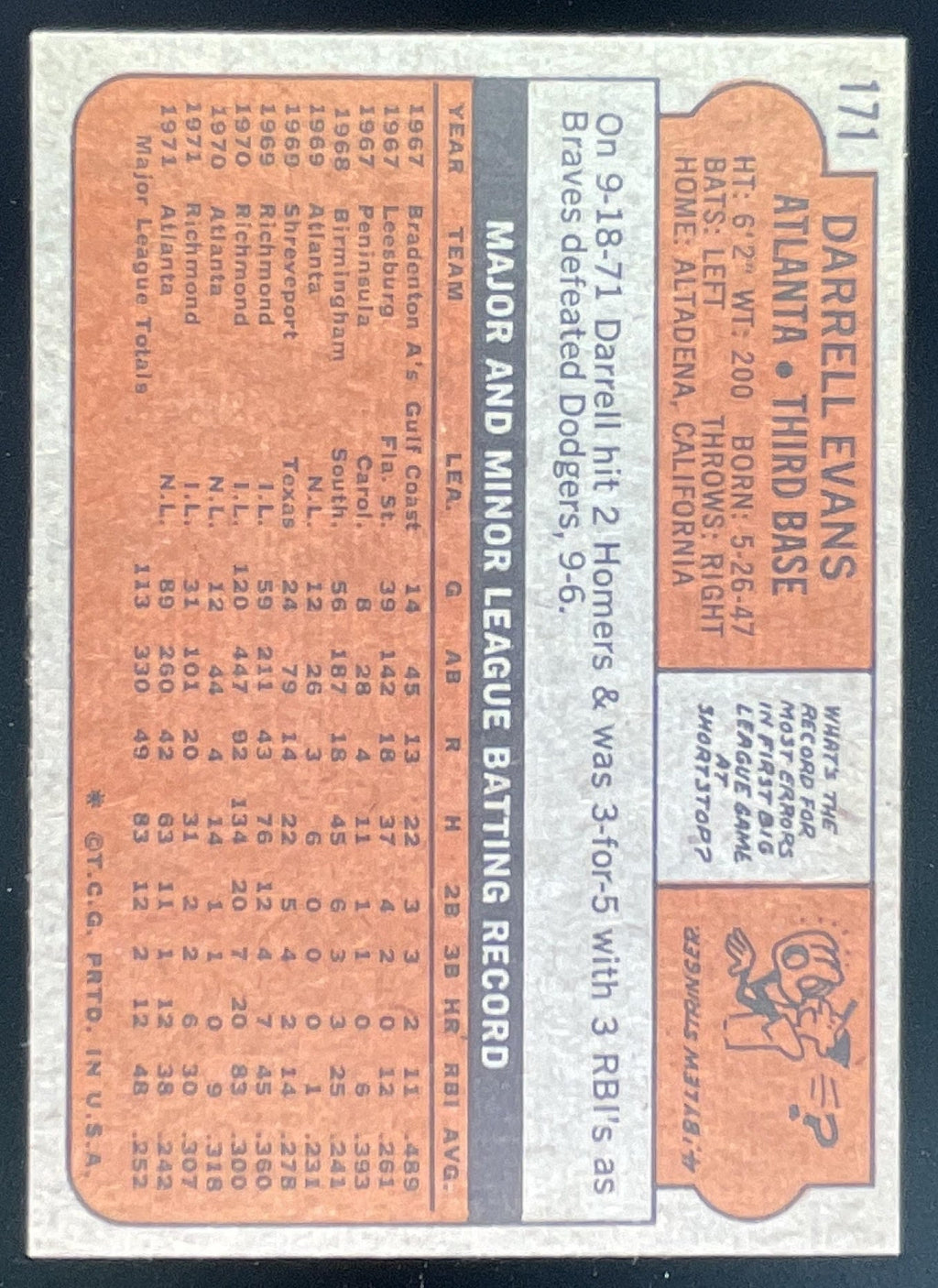 1972 Topps #171 Darrell Evans product image 2, provided for visual reference and product detail review
