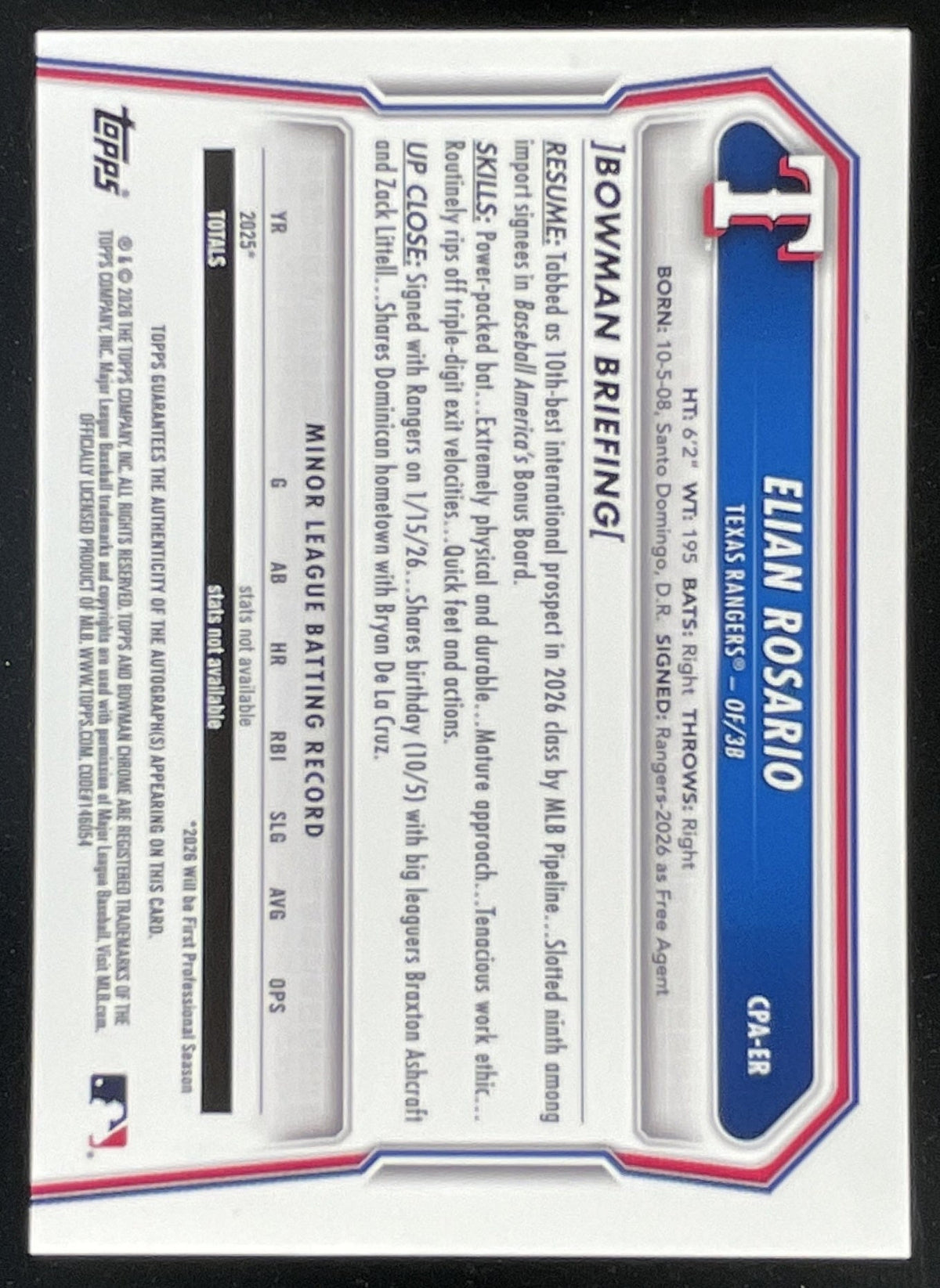 2026 Bowman Chrome Prospects Autograph #CPA-ER Elian Rosario RC Auto product image 2, provided for visual reference and