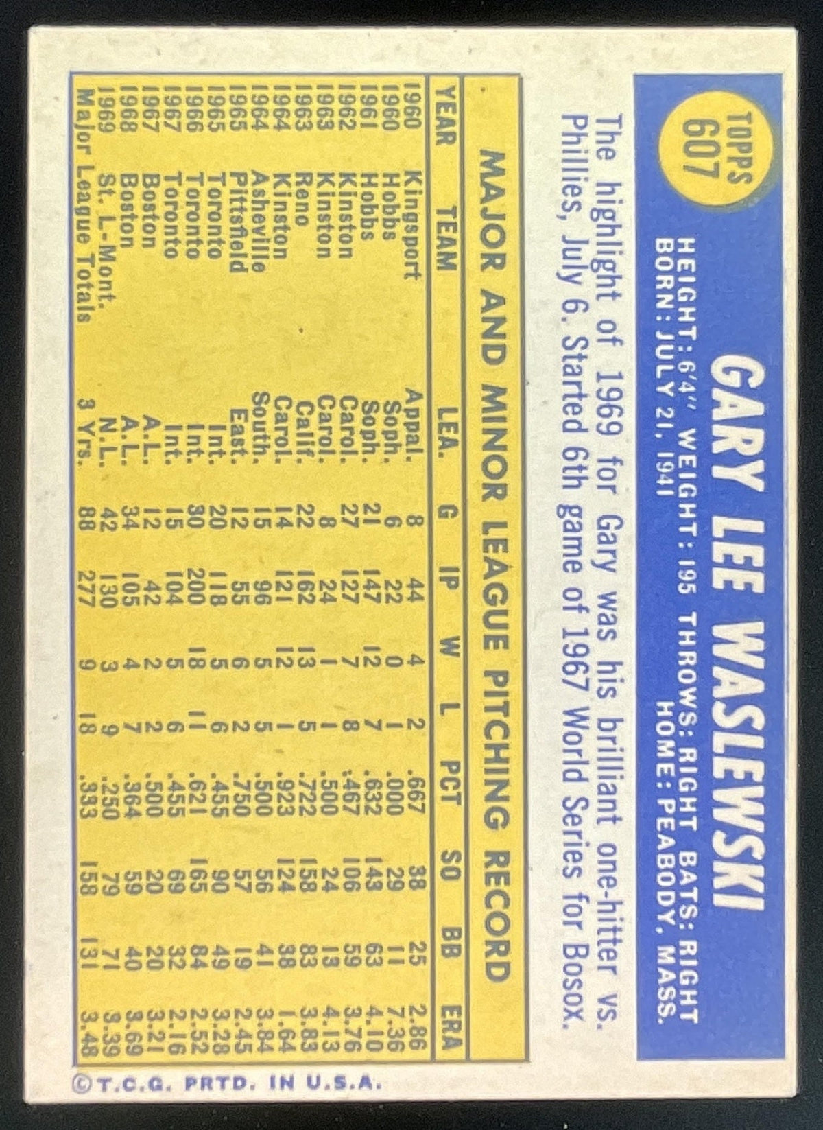 1970 Topps #607 Gary Waslewski product image 2, provided for visual reference and product detail review