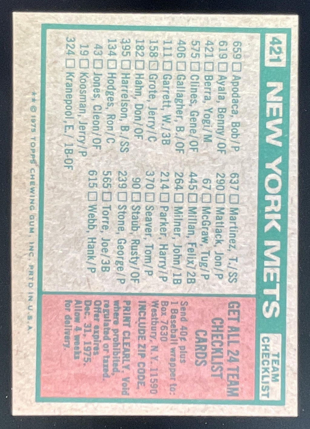 1975 Topps #421 New York Mets Yogi Berra MGR Checklist Card Team Card product image 2, provided for visual reference and
