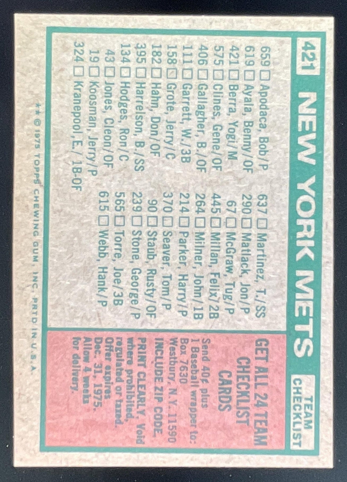 1975 Topps #421 New York Mets Yogi Berra MGR Checklist Card Team Card product image 2, provided for visual reference and