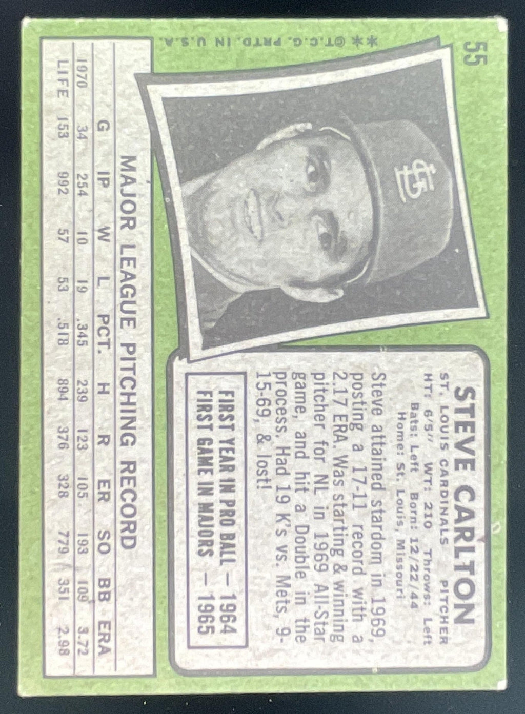 1971 Topps #55 Steve Carlton product image 2, provided for visual reference and product detail review