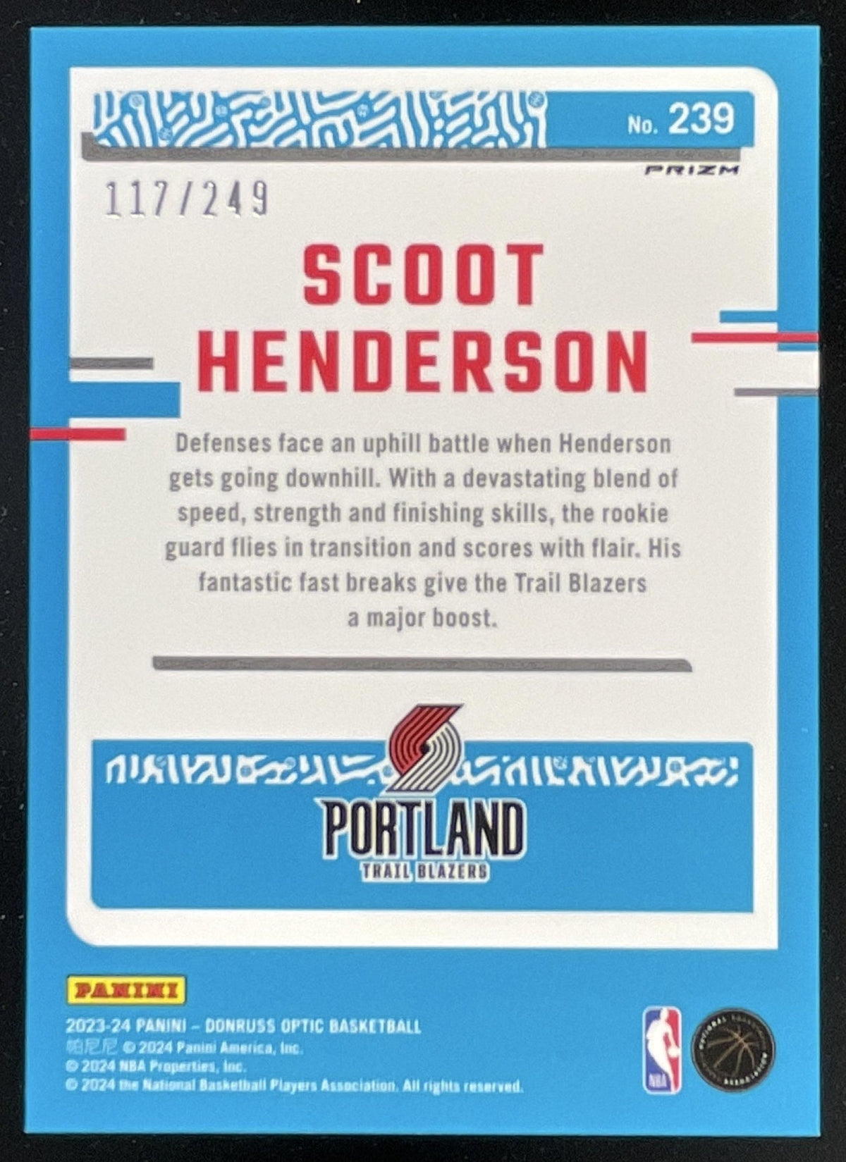 2023 Panini Donruss Optic Aqua Prizm #239 Scoot Henderson RC Rated Rookie /249 product image 2, provided for visual