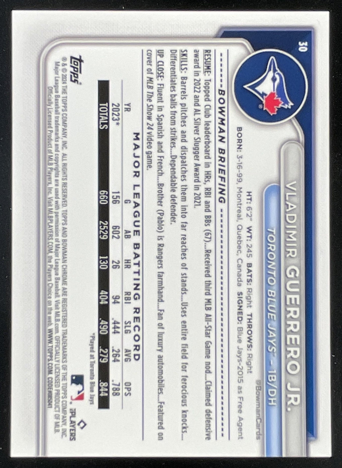 2024 Bowman Chrome Sapphire Black #30 Vladimir Guerrero Jr./10 product image 2, provided for visual reference and product