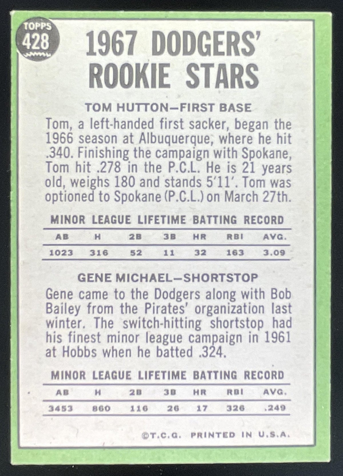 1967 Topps #428 Dodgers 1967 Rookie Stars Tom Hutton Gene Michael RS, RC product image 2, provided for visual reference and