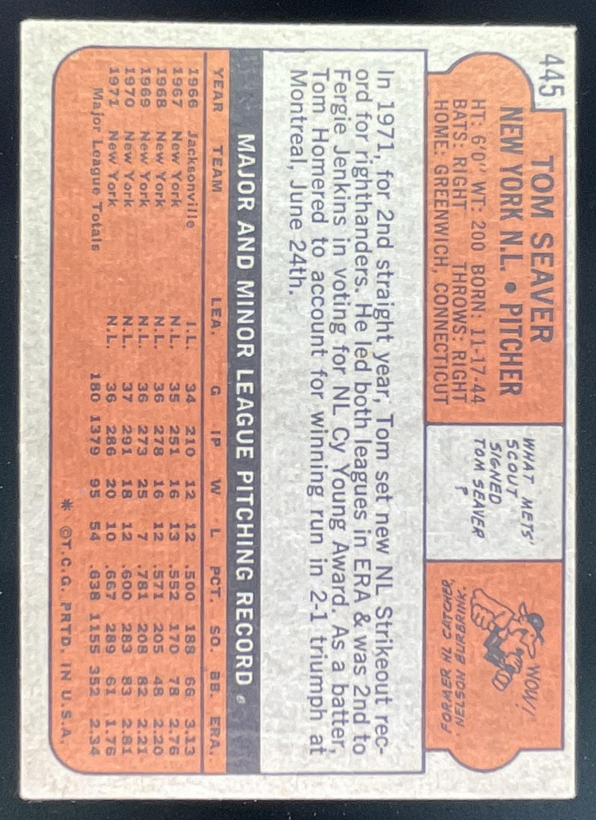 1972 Topps #445 Tom Seaver product image 2, provided for visual reference and product detail review