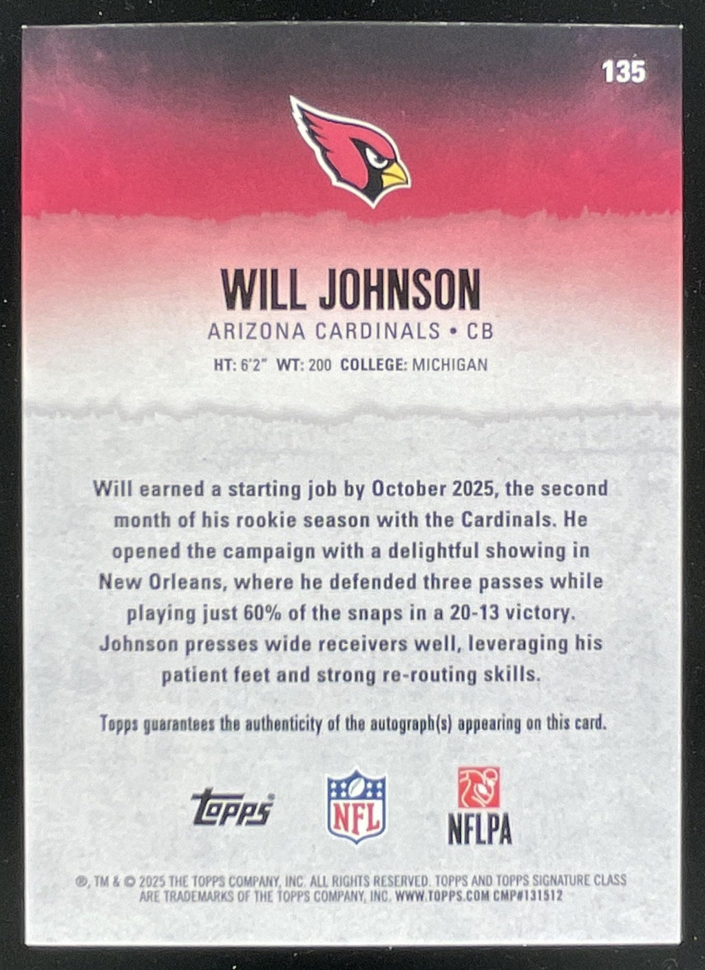 2025 Topps Signature Class Rookie Class Orange #135 Will Johnson RC Auto /50 product image 2, provided for visual reference
