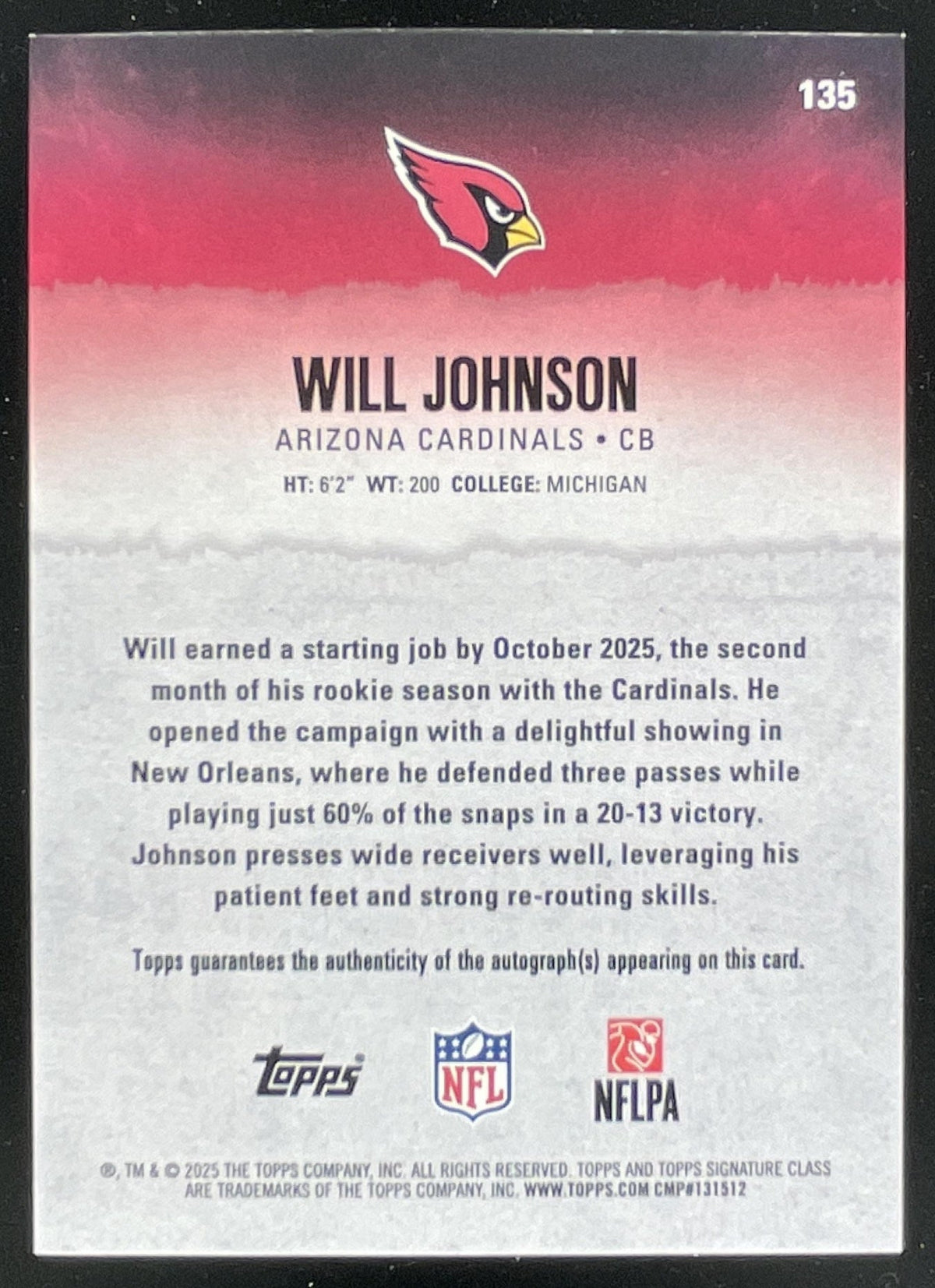 2025 Topps Signature Class Rookie Class Orange #135 Will Johnson RC Auto /50 product image 2, provided for visual reference