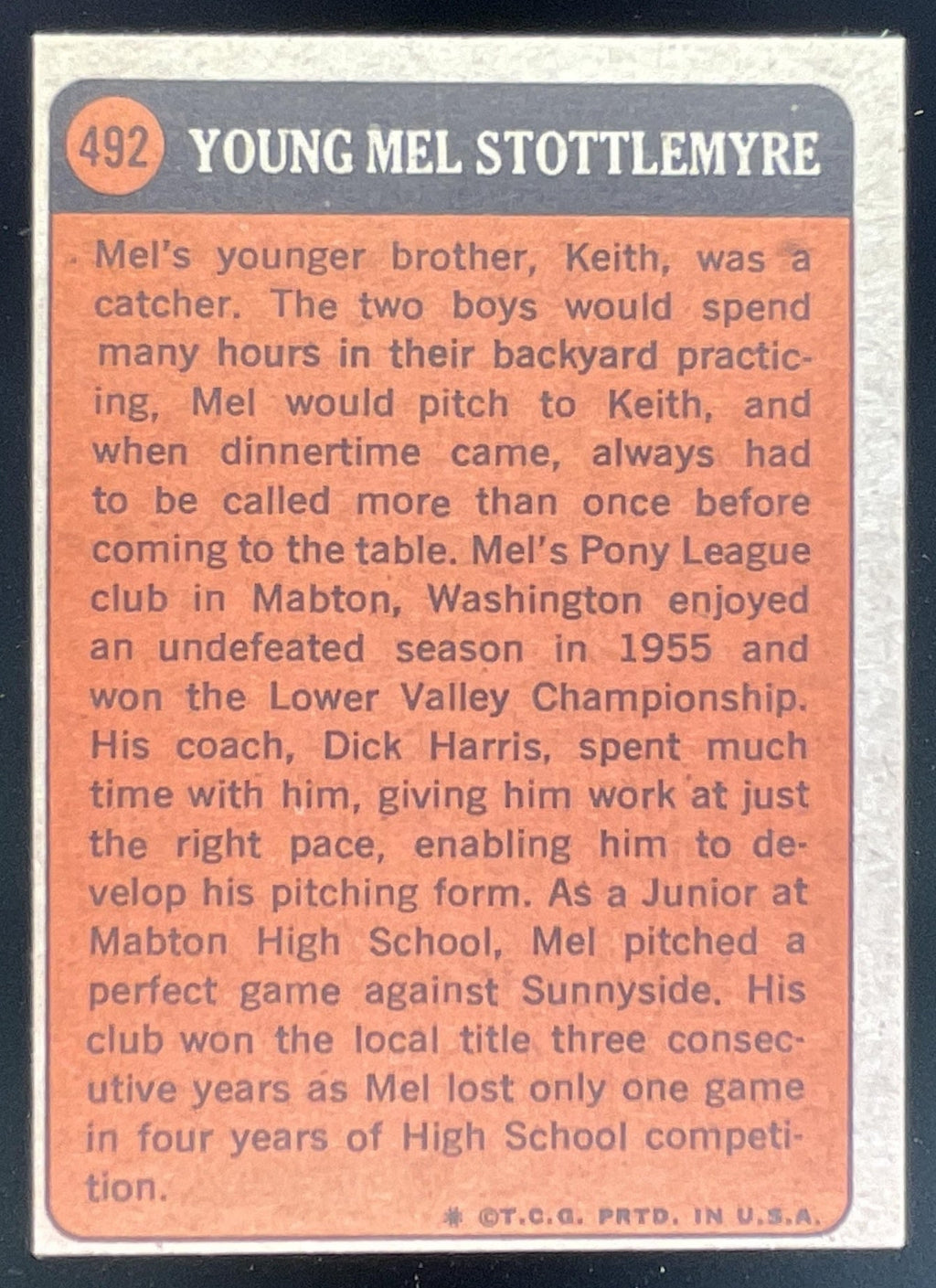 1972 Topps #492 Mel Stottlemyre product image 2, provided for visual reference and product detail review