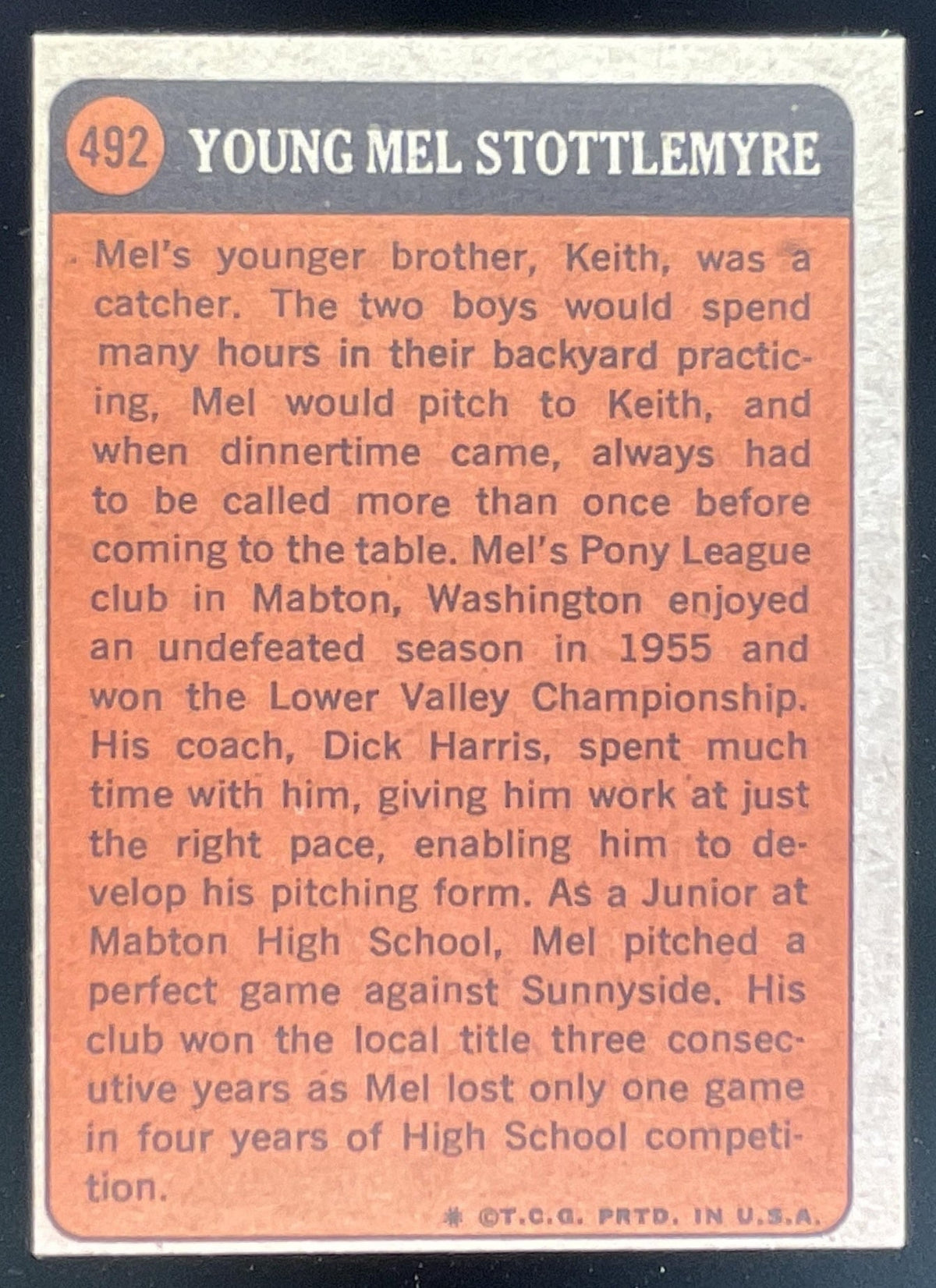 1972 Topps #492 Mel Stottlemyre product image 2, provided for visual reference and product detail review