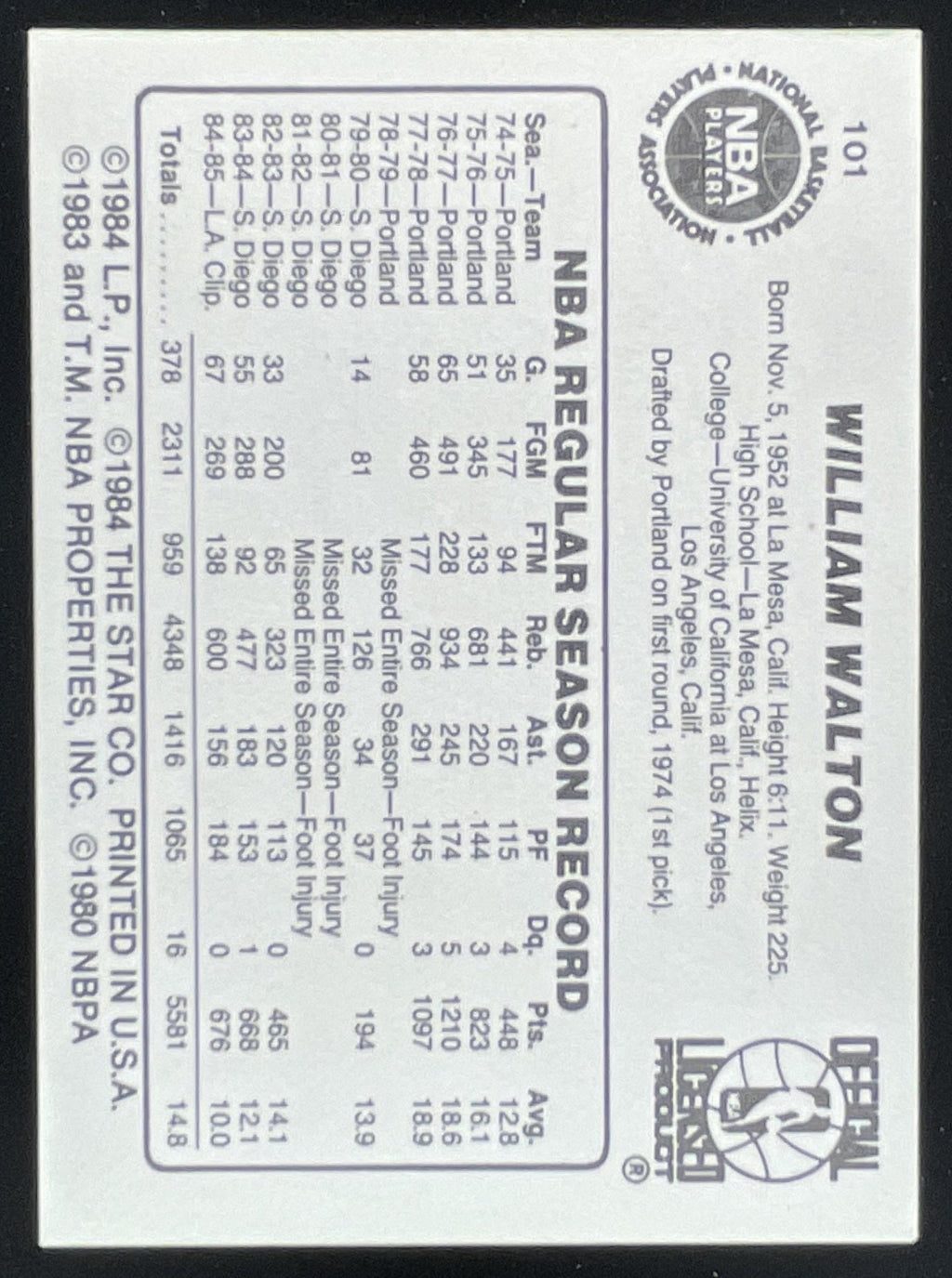 1985-86 Star #101 Bill Walton product image 2, provided for visual reference and product detail review