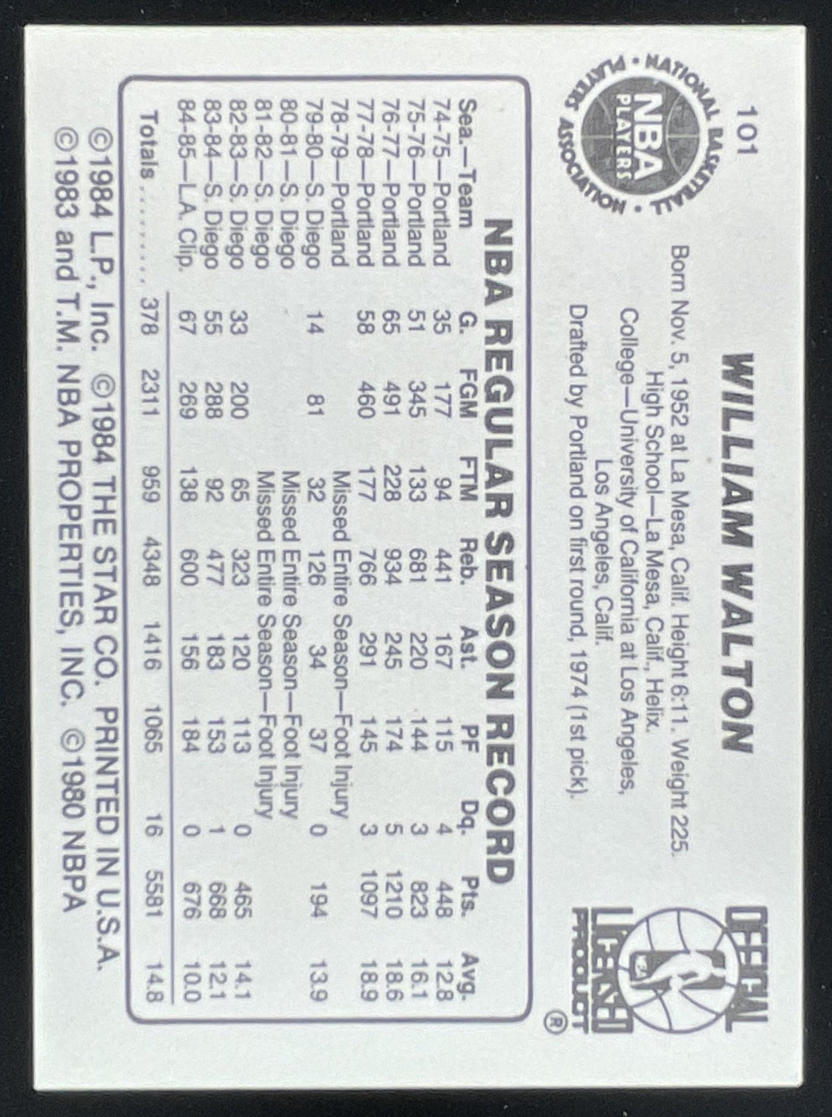 1985-86 Star #101 Bill Walton product image 2, provided for visual reference and product detail review