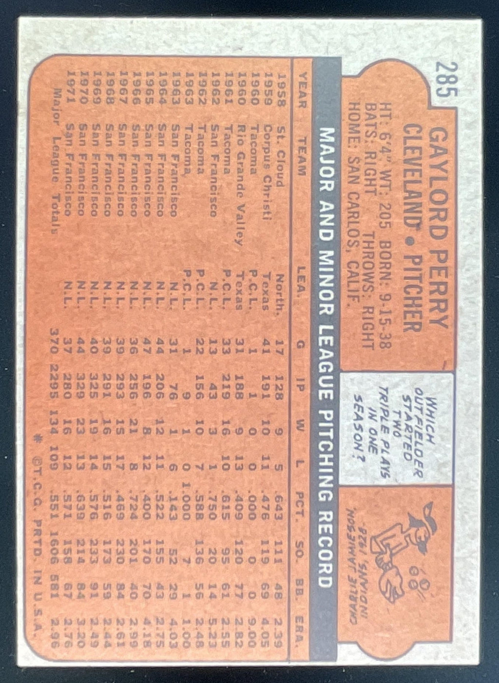 1972 Topps #285 Gaylord Perry product image 2, provided for visual reference and product detail review
