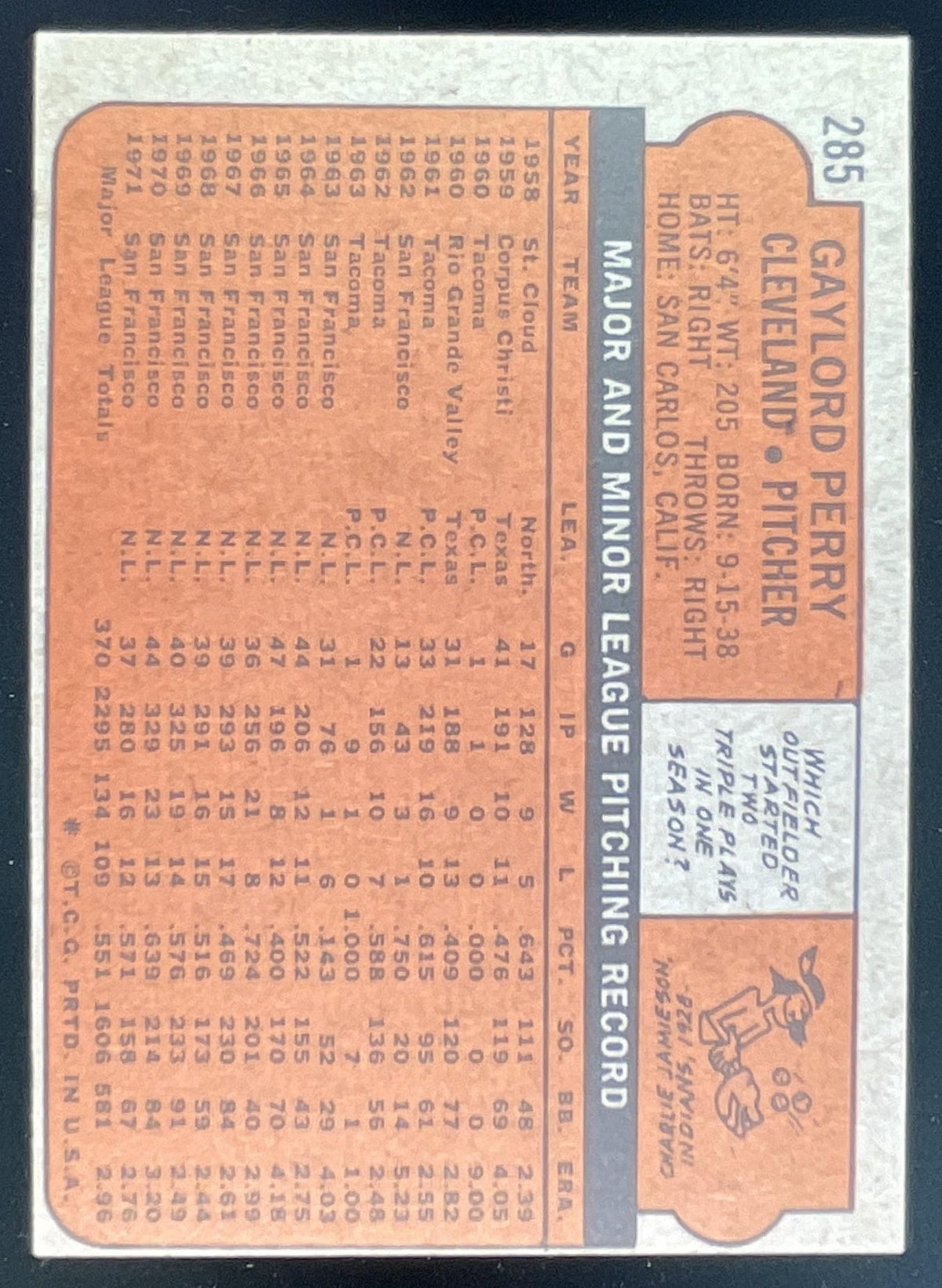 1972 Topps #285 Gaylord Perry product image 2, provided for visual reference and product detail review