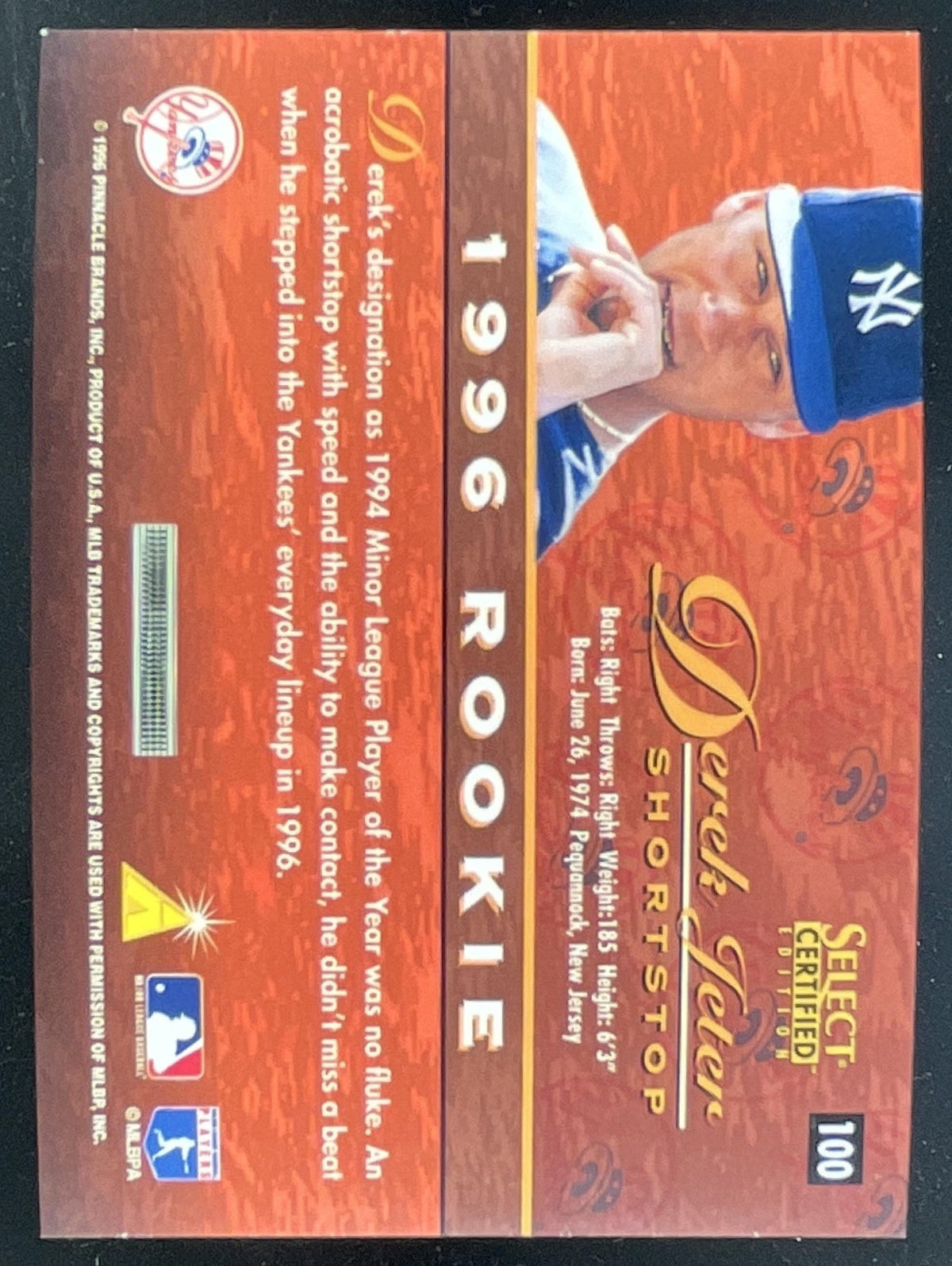 1996 Pinnacle Select Certified #100 Derek Jeter Rookie product image 2, provided for visual reference and product detail
