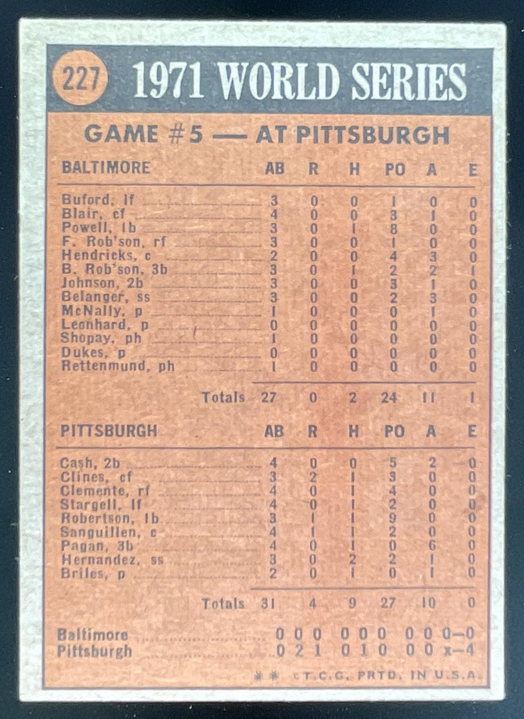 1972 Topps #227 1971 World Series Game No. 5 product image 2, provided for visual reference and product detail review