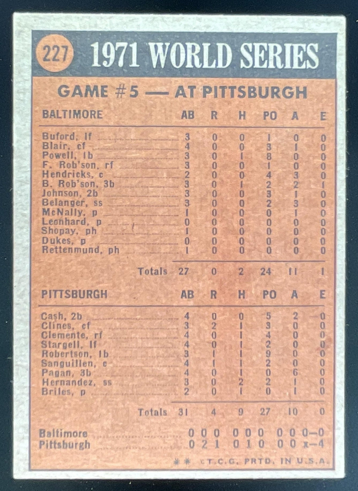 1972 Topps #227 1971 World Series Game No. 5 product image 2, provided for visual reference and product detail review