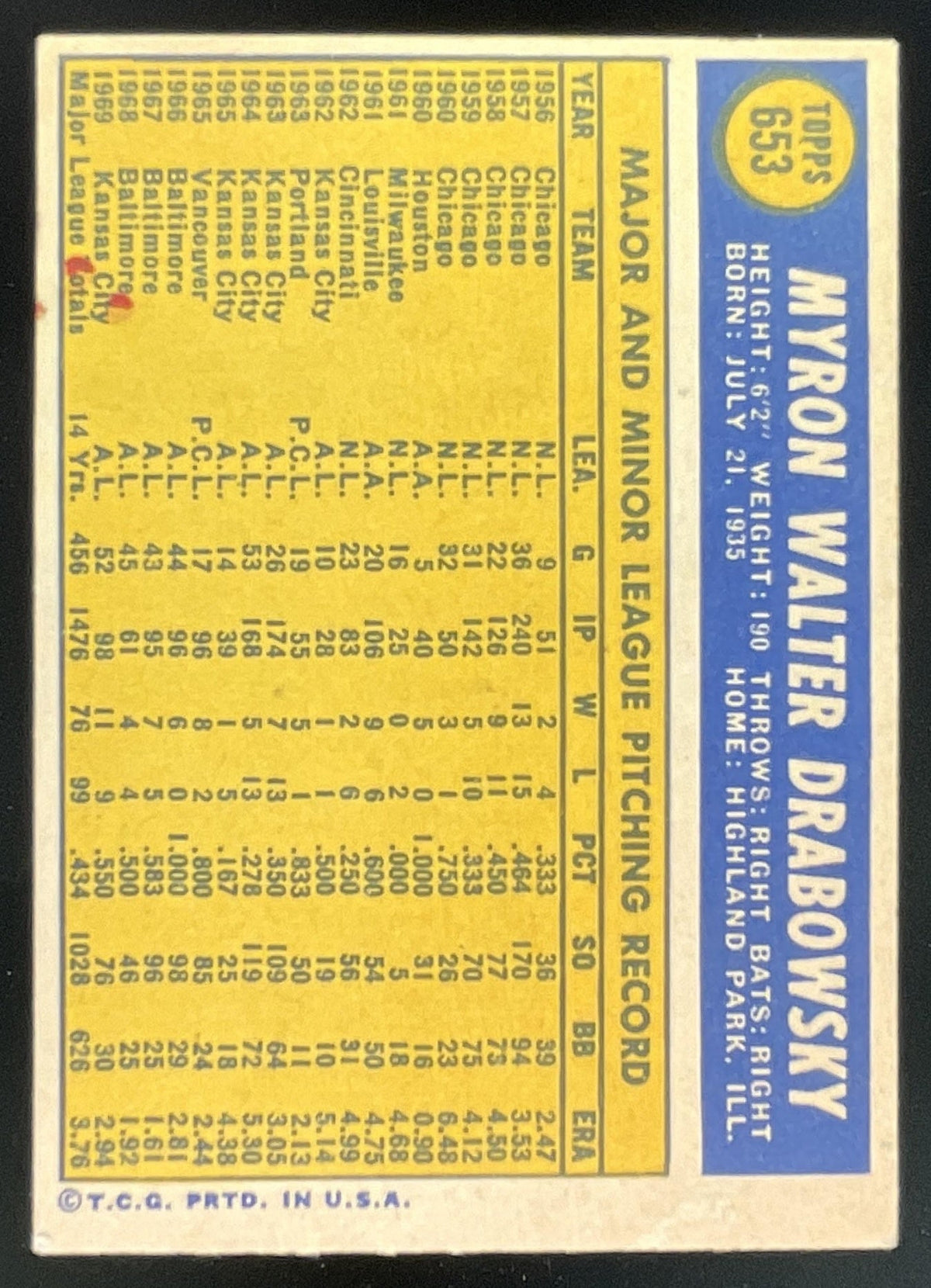 1970 Topps #653 Moe Drabowsky product image 2, provided for visual reference and product detail review