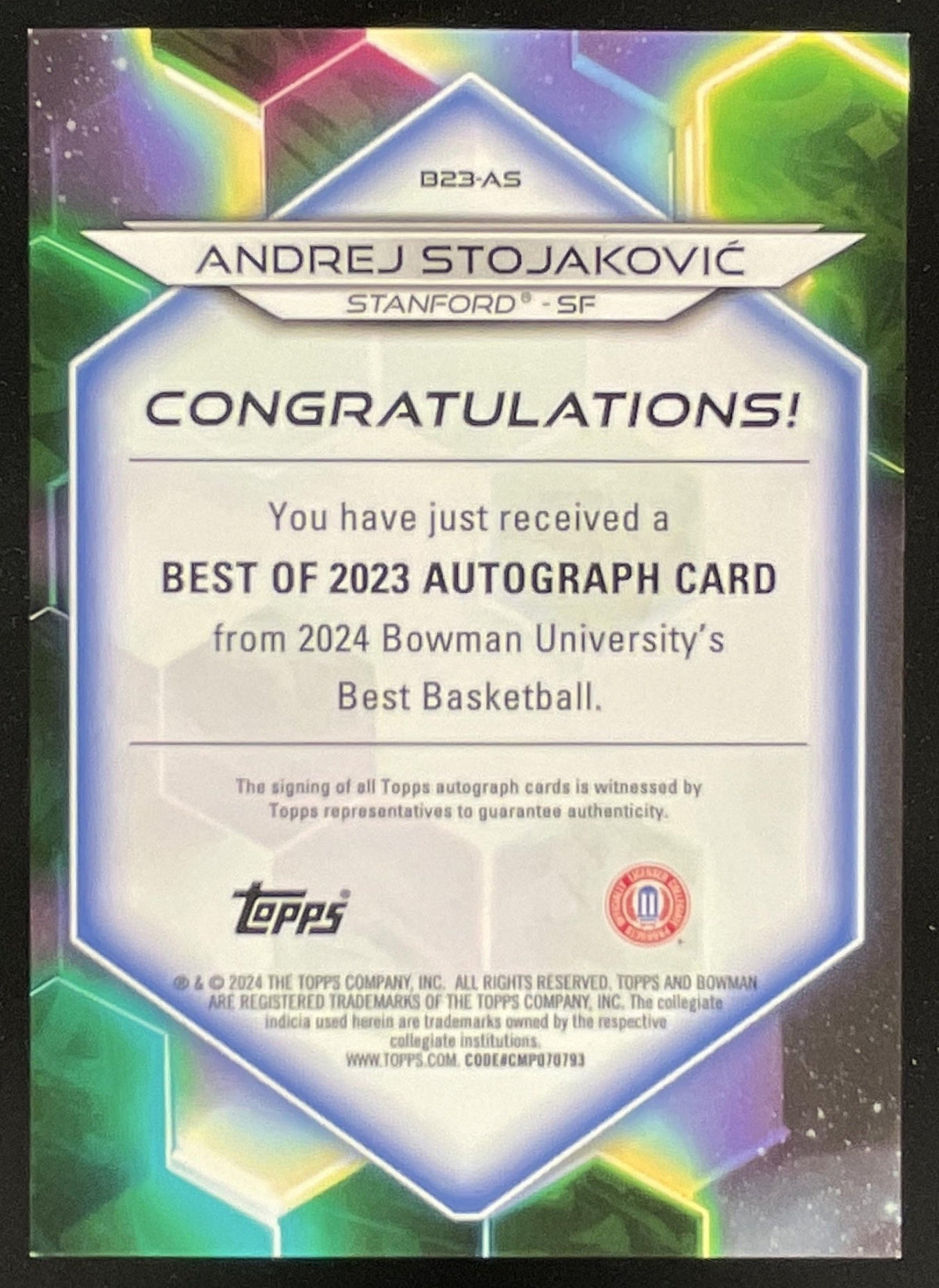 2023 Bowman University Best of 2023 Geometric Orange Andrej Stojakovic Auto /25 product image 2, provided for visual