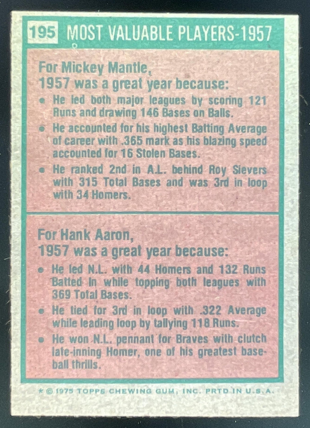 1975 Topps #195 1957s Mickey Mantle Hank Aaron MVP product image 2, provided for visual reference and product detail review
