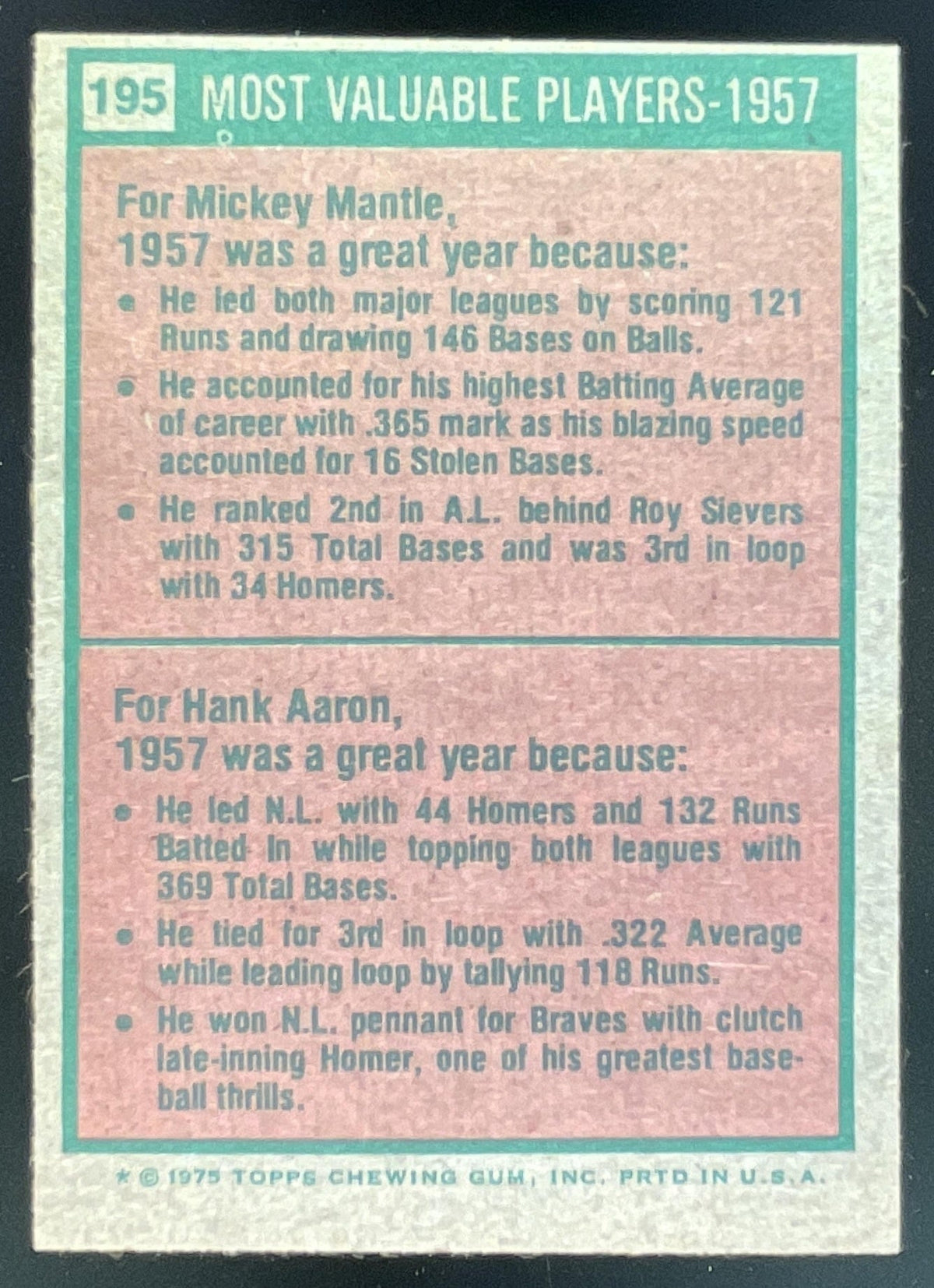 1975 Topps #195 1957s Mickey Mantle Hank Aaron MVP product image 2, provided for visual reference and product detail review