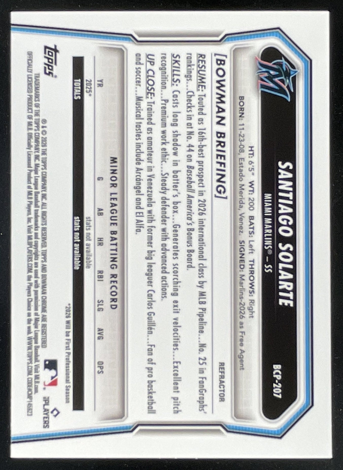 2026 Bowman Chrome Prospects Refractor #BCP-207 Santiago Solarte RC /499 product image 2, provided for visual reference and