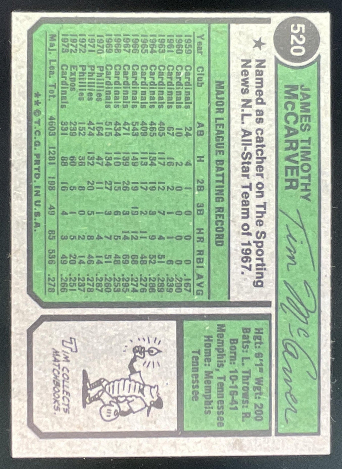 1974 Topps #520 Tim McCarver product image 2, provided for visual reference and product detail review