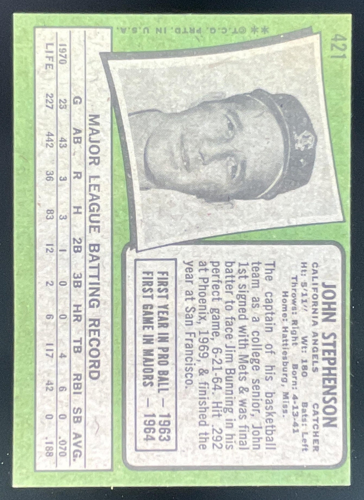 1971 Topps #421 John Stephenson product image 2, provided for visual reference and product detail review