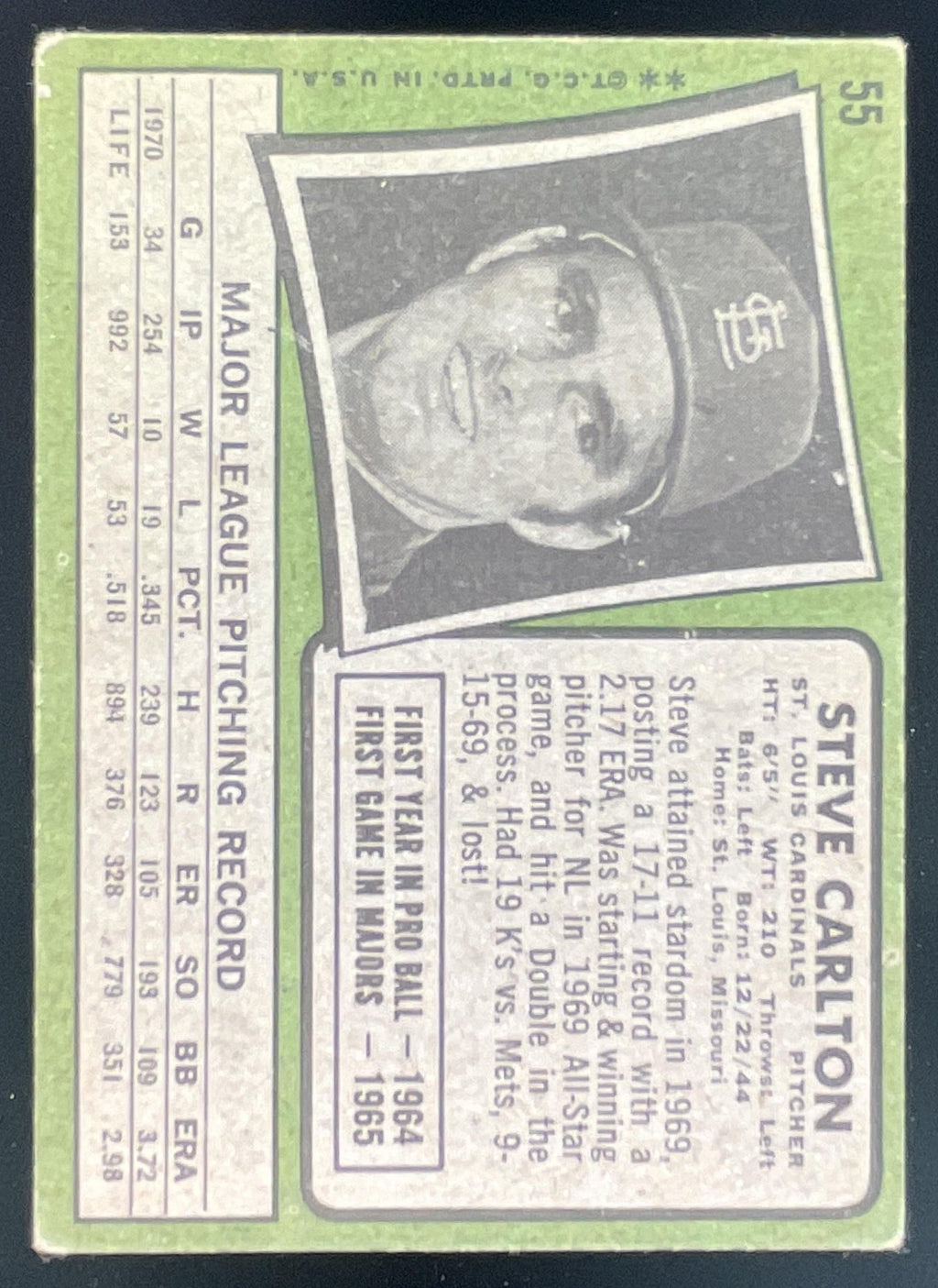 1971 Topps #55 Steve Carlton product image 2, provided for visual reference and product detail review