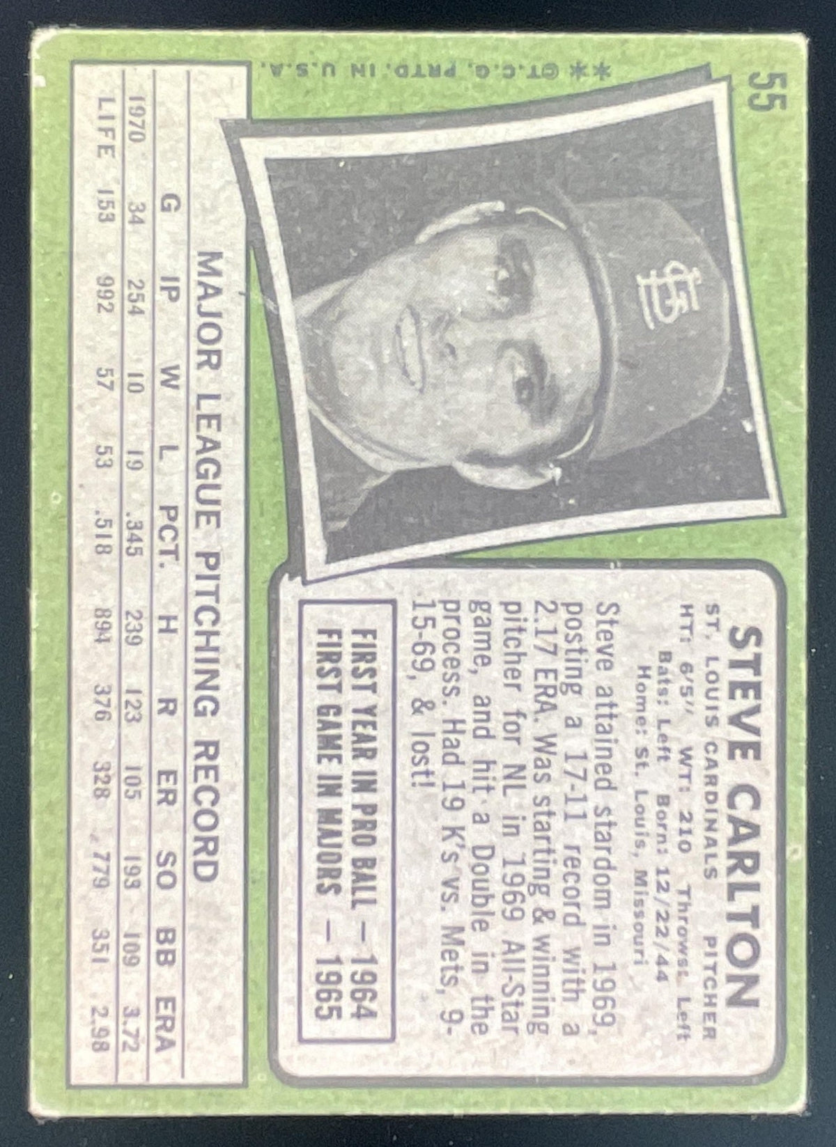 1971 Topps #55 Steve Carlton product image 2, provided for visual reference and product detail review