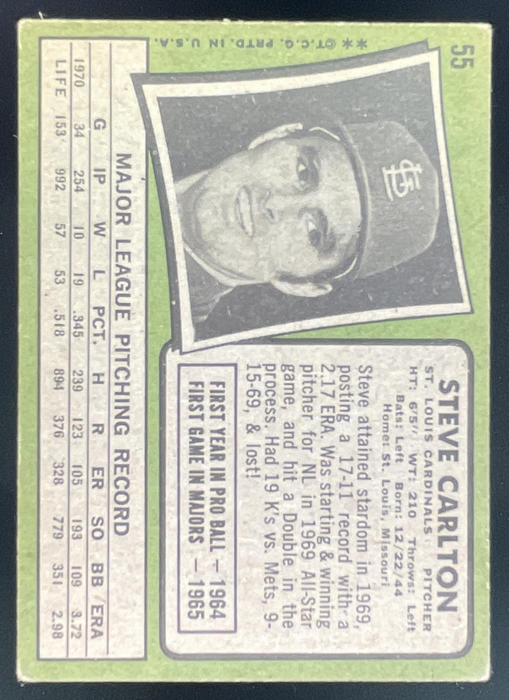 1971 Topps #55 Steve Carlton product image 2, provided for visual reference and product detail review