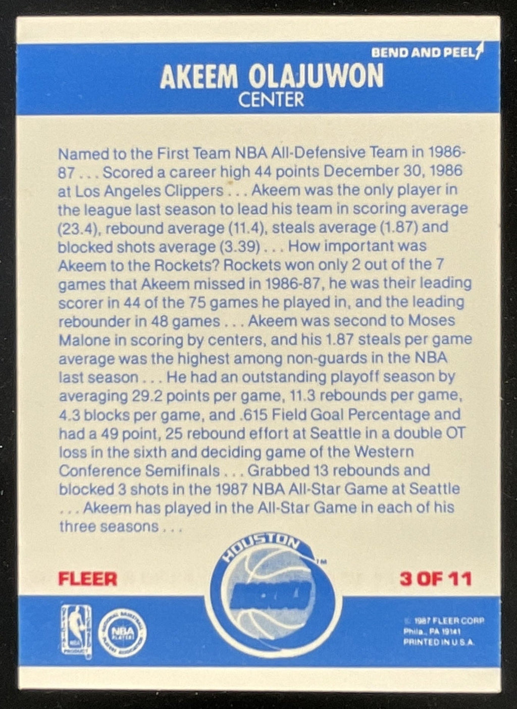 1987-88 Fleer Stickers #3 Hakeem Olajuwon product image 2, provided for visual reference and product detail review