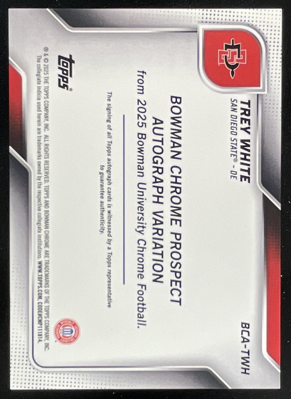 2025 Bowman Chrome University Prospect Blue Mini-Diamond Trey White Auto /150 product image 2, provided for visual reference