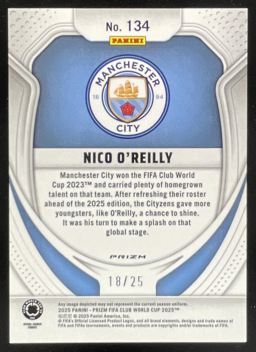 2025 Panini Prizm FIFA Club World Cup Teal Pulsar Prizm #134 Nico O'Reilly /25 product image 2, provided for visual