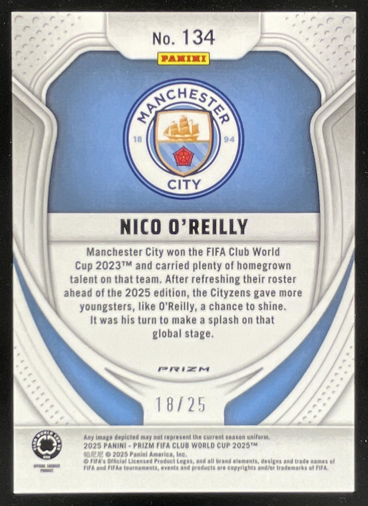 2025 Panini Prizm FIFA Club World Cup Teal Pulsar Prizm #134 Nico O'Reilly /25 product image 2, provided for visual