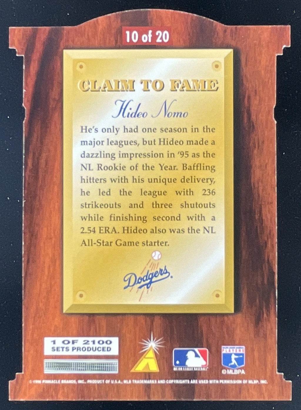 1996 Pinnacle Select Claim to Fame #10 Hideo Nomo product image 2, provided for visual reference and product detail review