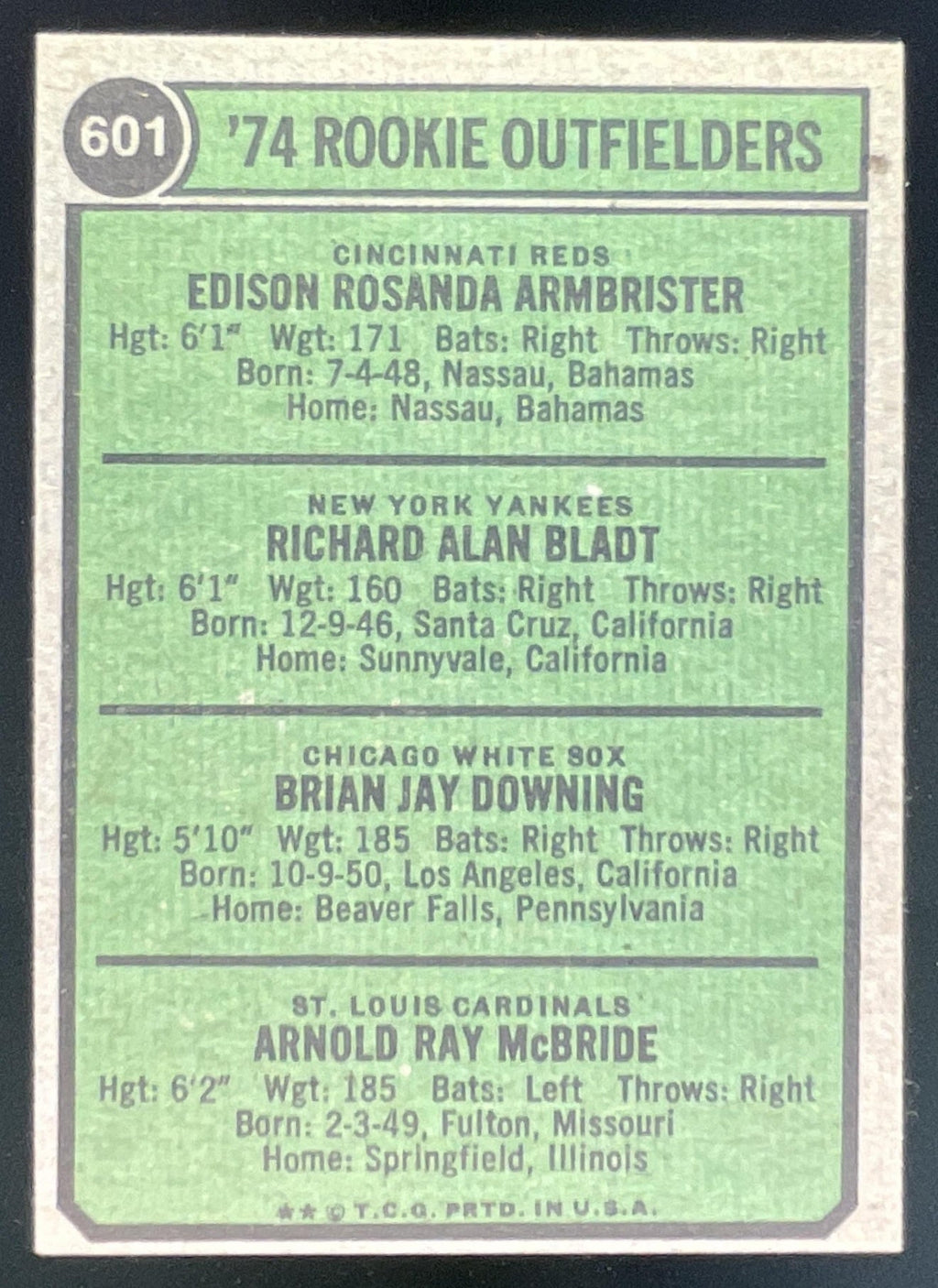 1974 Topps #601 1974 Ed Armbrister Rich Bladt Brian Downing Bake McBride RC product image 2, provided for visual reference