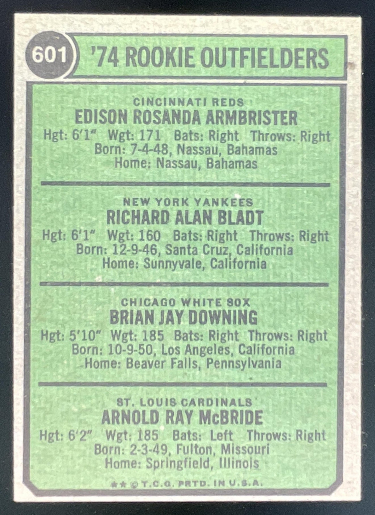 1974 Topps #601 1974 Ed Armbrister Rich Bladt Brian Downing Bake McBride RC product image 2, provided for visual reference